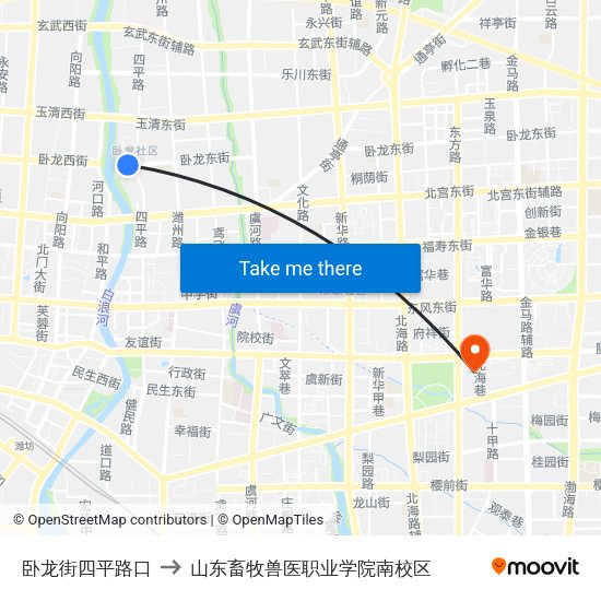 卧龙街四平路口 to 山东畜牧兽医职业学院南校区 map