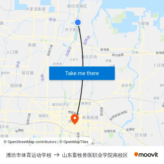 潍坊市体育运动学校 to 山东畜牧兽医职业学院南校区 map