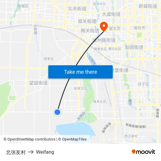 North Zhangyou Village to Weifang map
