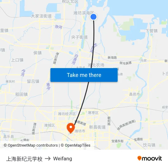 Shanghai New Century School to Weifang map