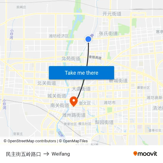民主街五岭路口 to Weifang map
