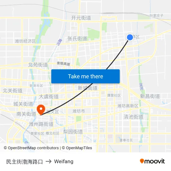 Democracy Street & Bohai Road Intersection to Weifang map