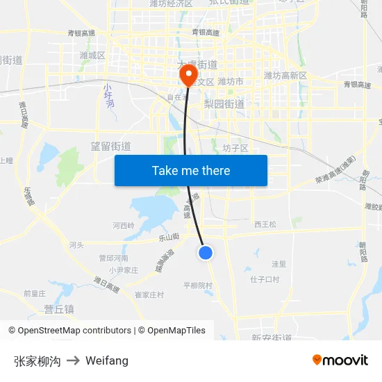 张家柳沟 to Weifang map