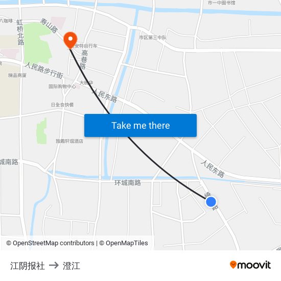 江阴报社 to 澄江 map