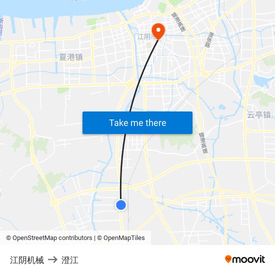江阴机械 to 澄江 map