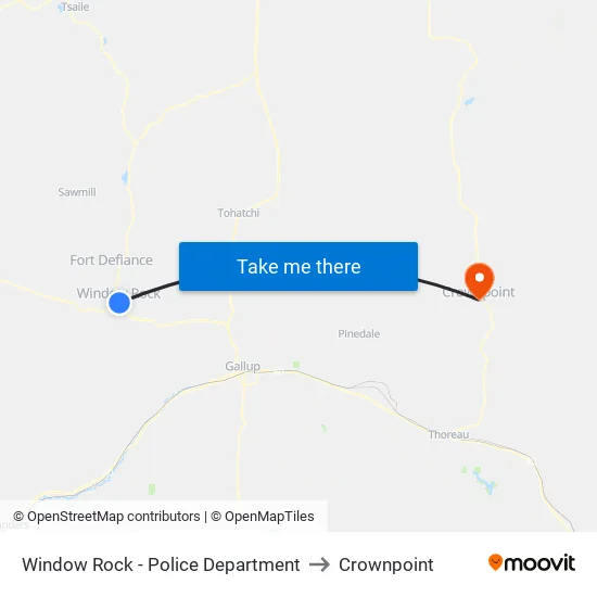 Window Rock - Police Department to Crownpoint map