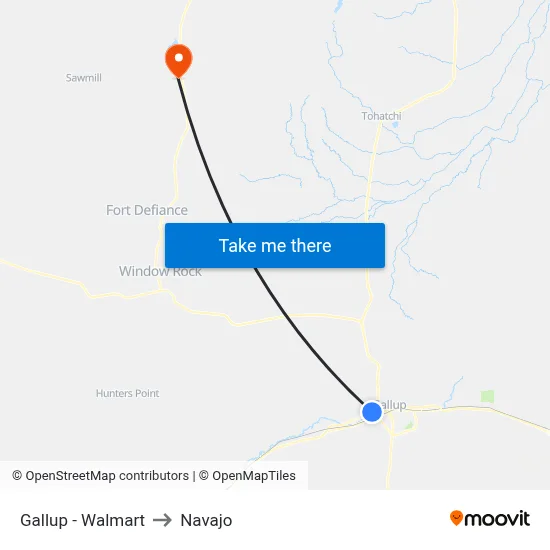 Gallup - Walmart to Navajo map