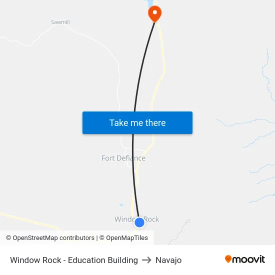Window Rock - Education Building to Navajo map