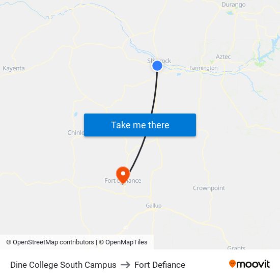 Dine College South Campus to Fort Defiance map