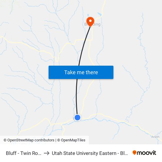 Bluff - Twin Rock Cafe to Utah State University Eastern - Blanding Campus map