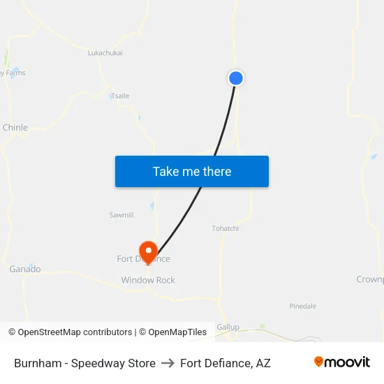Burnham - Speedway Store to Fort Defiance, AZ map