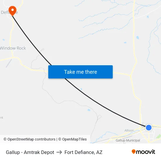 Gallup - Amtrak Depot to Fort Defiance, AZ map