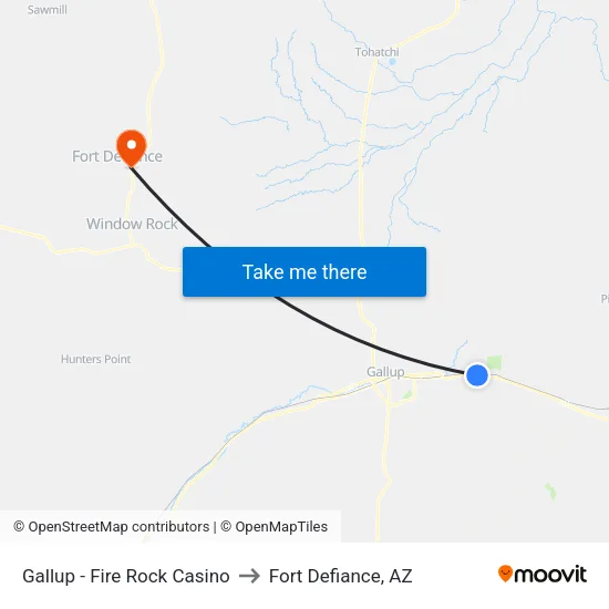 Gallup - Fire Rock Casino to Fort Defiance, AZ map