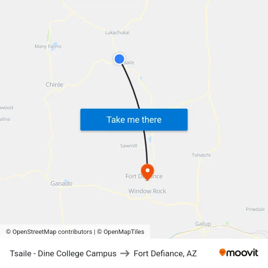 Tsaile - Dine College Campus to Fort Defiance, AZ map