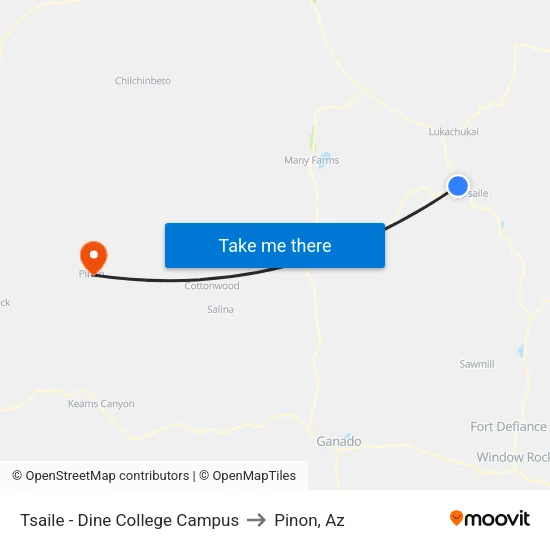 Tsaile - Dine College Campus to Pinon, Az map