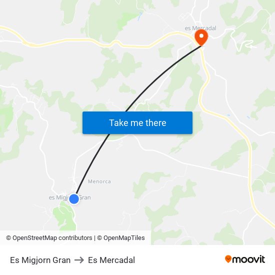 Es Migjorn Gran to Es Mercadal map