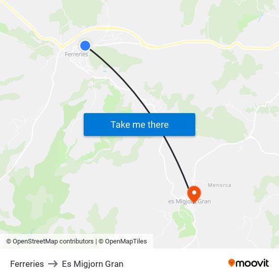 Ferreries to Es Migjorn Gran map