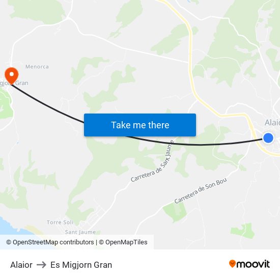 Alaior to Es Migjorn Gran map