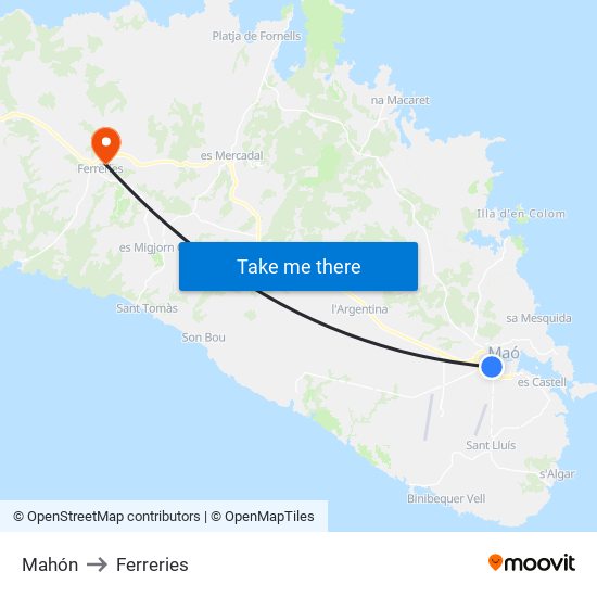 Mahón to Ferreries map