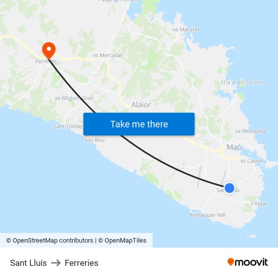 Sant Lluís to Ferreries map