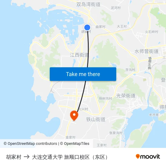 胡家村 to 大连交通大学 旅顺口校区（东区） map