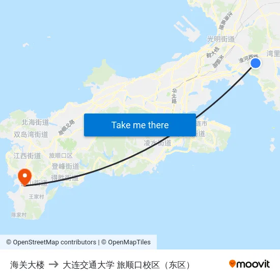 海关大楼 to 大连交通大学 旅顺口校区（东区） map