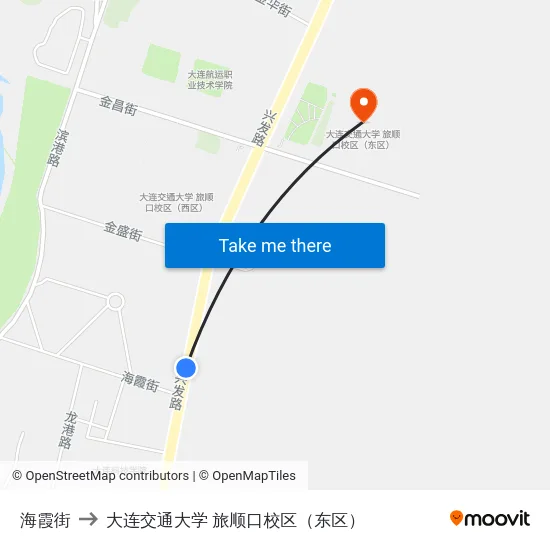 海霞街 to 大连交通大学 旅顺口校区（东区） map