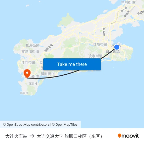 大连火车站 to 大连交通大学 旅顺口校区（东区） map
