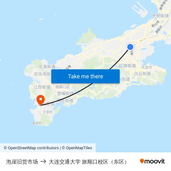 泡崖旧货市场 to 大连交通大学 旅顺口校区（东区） map