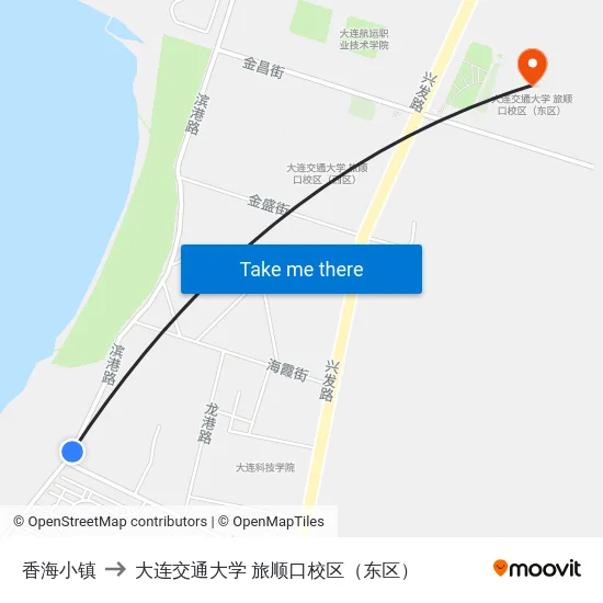 香海小镇 to 大连交通大学 旅顺口校区（东区） map