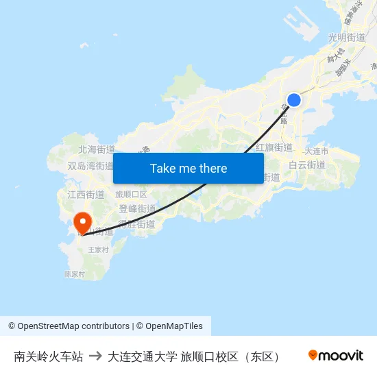 南关岭火车站 to 大连交通大学 旅顺口校区（东区） map