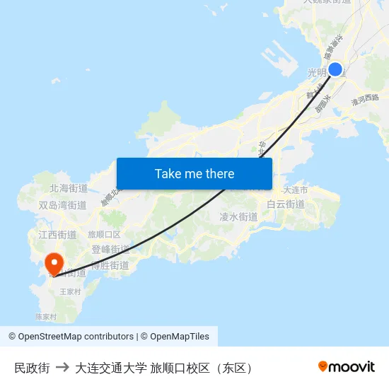 民政街 to 大连交通大学 旅顺口校区（东区） map