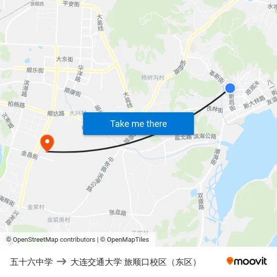 五十六中学 to 大连交通大学 旅顺口校区（东区） map