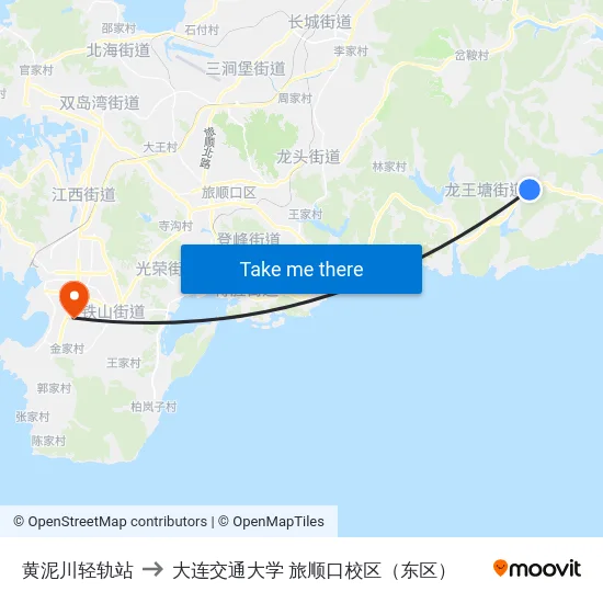 黄泥川轻轨站 to 大连交通大学 旅顺口校区（东区） map