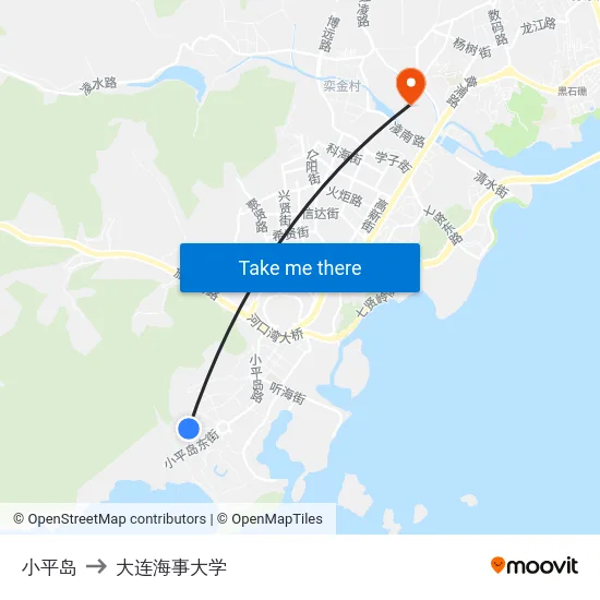 小平岛 to 大连海事大学 map