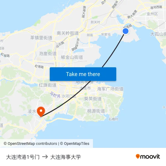 大连湾港1号门 to 大连海事大学 map