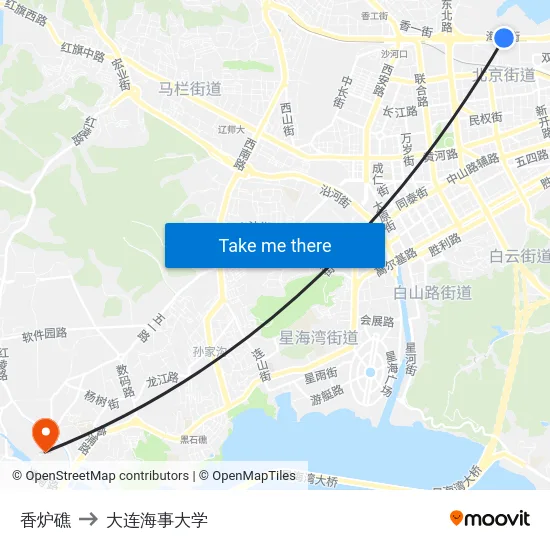 香炉礁 to 大连海事大学 map