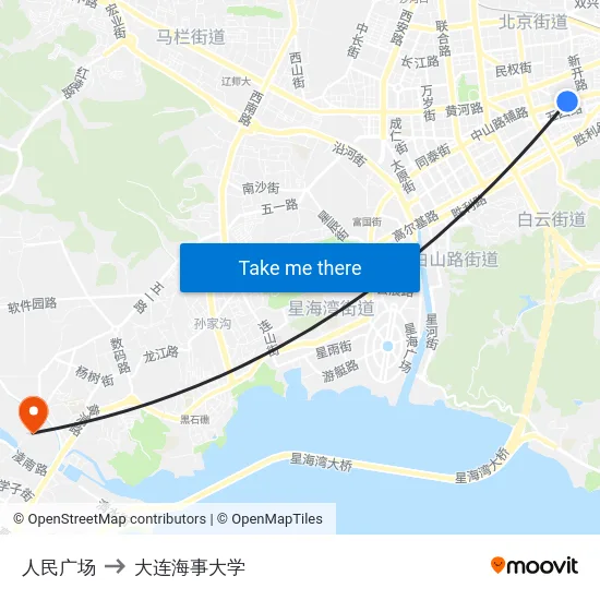 人民广场 to 大连海事大学 map