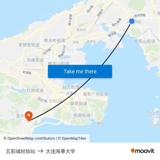 五彩城轻轨站 to 大连海事大学 map