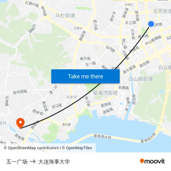 五一广场 to 大连海事大学 map