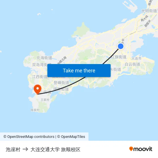 泡崖村 to 大连交通大学 旅顺校区 map