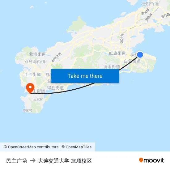 民主广场 to 大连交通大学 旅顺校区 map