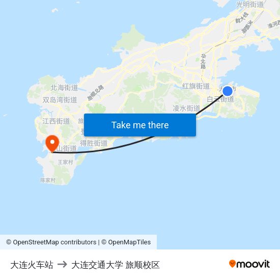 大连火车站 to 大连交通大学 旅顺校区 map
