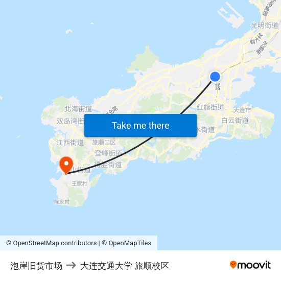 泡崖旧货市场 to 大连交通大学 旅顺校区 map