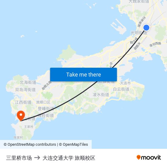 三里桥市场 to 大连交通大学 旅顺校区 map