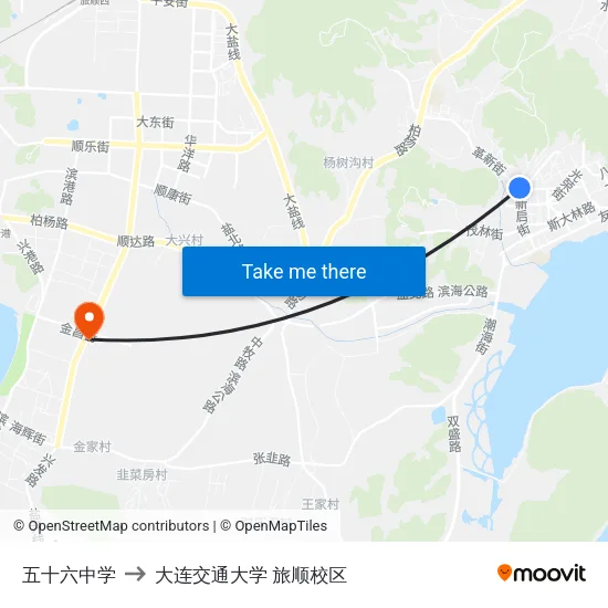 五十六中学 to 大连交通大学 旅顺校区 map