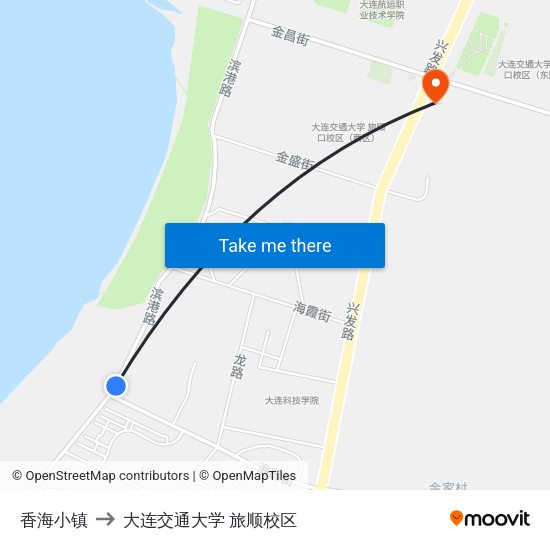 香海小镇 to 大连交通大学 旅顺校区 map