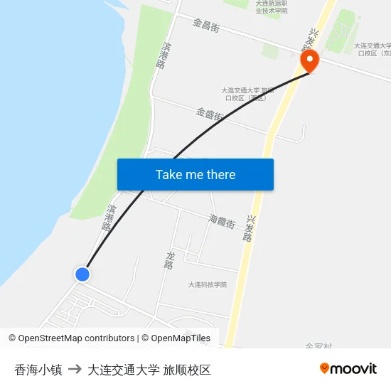 香海小镇 to 大连交通大学 旅顺校区 map