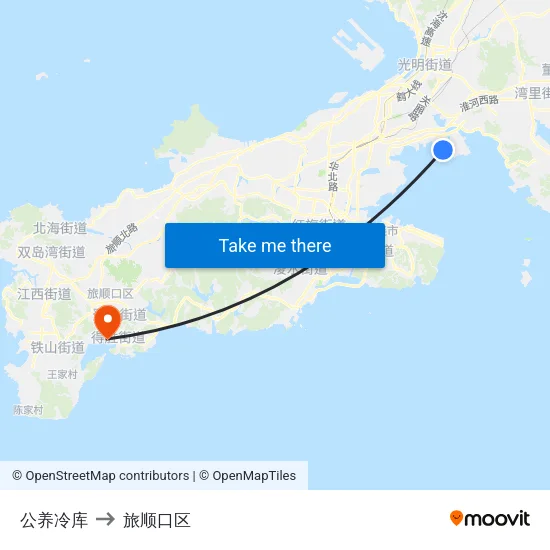 公养冷库 to 旅顺口区 map