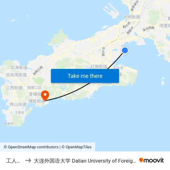 工人宿舍 to 大连外国语大学 Dalian University of Foreign Languages map